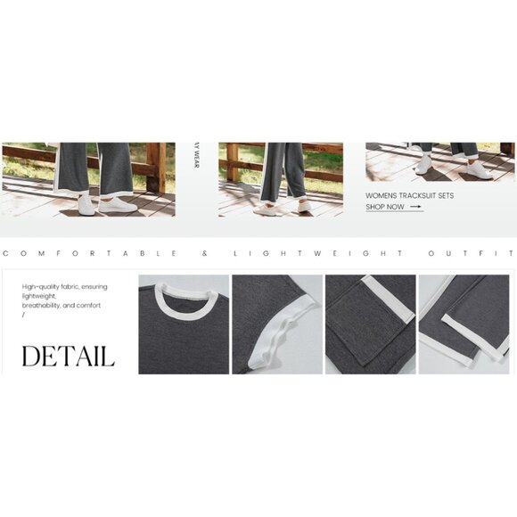 NEW SHEWIN Set - Cap Sleeve Knit Sweater Top with Pocket Wide Leg Pant - Grey - Picture 6 of 7